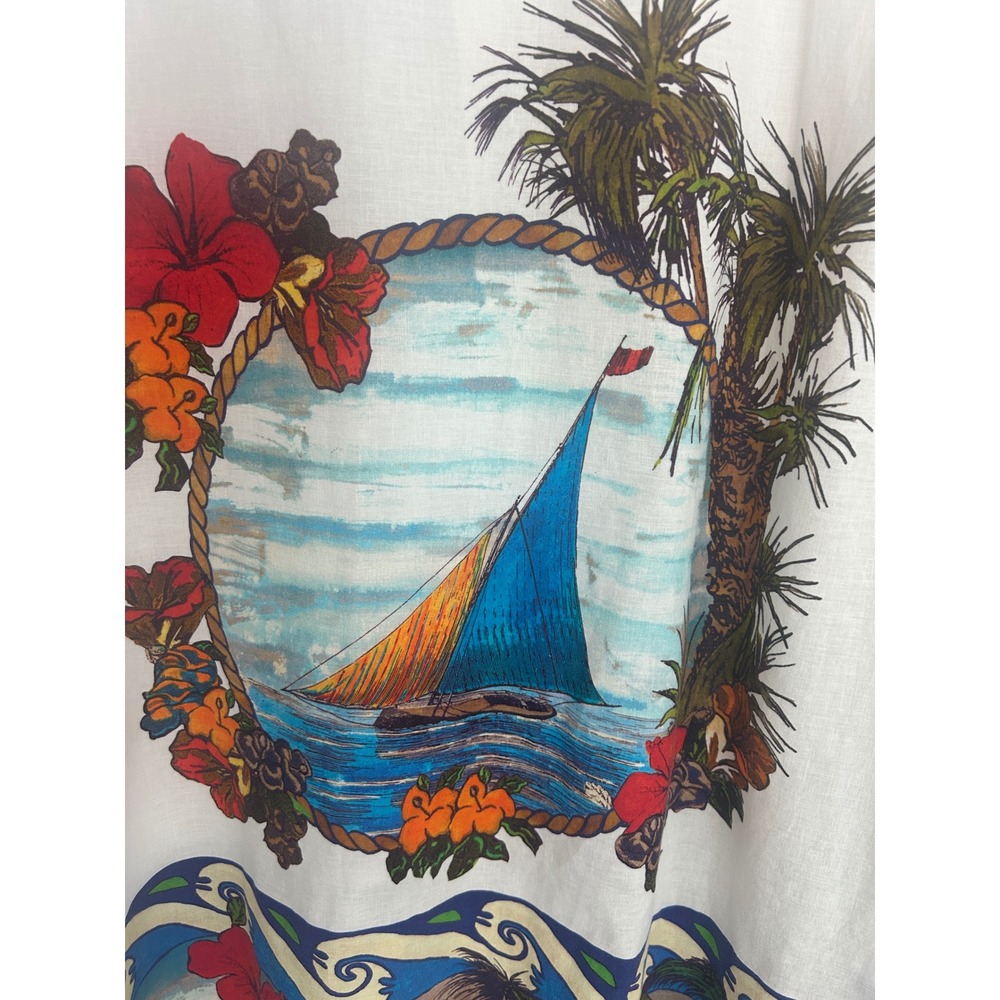 Caribbean Mens 2XB White Tropical Sailboat Linen Blend Camp Shirt Short Sleeve